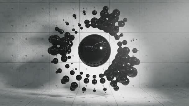 抽象的な背景 球の黒い中心および液体の粒子は コンクリートの壁の背景に対して 爆発の間にインクのような形を変えます 3Dレンダリング 利用可能なフォーテージ — ストック動画