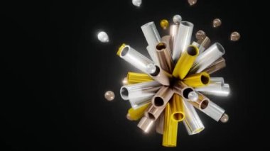 Parlak renklerle soyut arkaplan. Parçalayan balon ve borulardan oluşan bir kompozisyon. Tatlı ve renkli bir tatil kartı. 3d oluşturma.