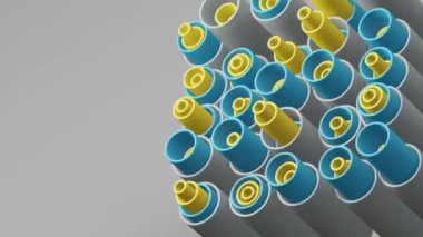 Kalıplı plastik mavi, sarı ve gri borular, gri arka planda sıvı için. İnşaat için haberleşme elementleri. 3d hazırlayıcı.