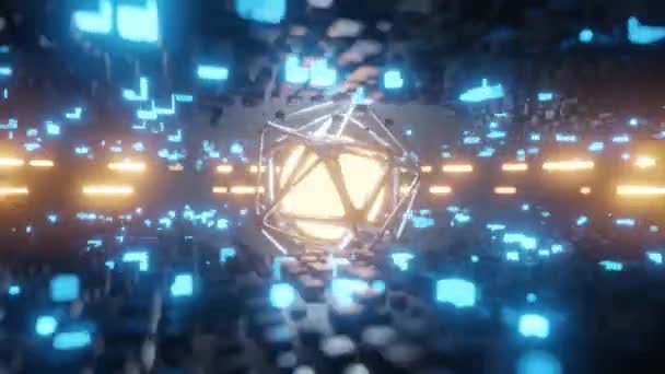 摘要背景 软焦点 神奇的橙色球体闪烁着霓虹灯 中间是金属六边形 能源的概念 宇宙力的核心 3D渲染 — 图库视频影像