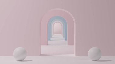 Kemerli koridor basit geometrik zemin, mimari koridor, portal, yumuşak pastel tonlar. Girişin önünde iki top duruyor. Modern doğu tarzı. 3d hazırlayıcı.