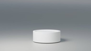 Gri arka planda bir ürün sergisi için beyaz silindirik platform. Bir ürün sunumu için bir kaideyi 3B biçimlendirme.