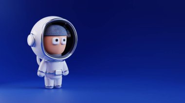 Astronot, beyaz uzay giysili bir araştırmacının çizgi film karakteri. Mavi arka planda minimalist tarzda metal elementler var. 3B görüntüleme.