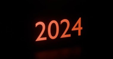 Yeni yılın 2024 sembolü olan kırmızı neon sayılar kendi ekseni etrafında dönüyor. 3 Boyutlu Hazırlama.