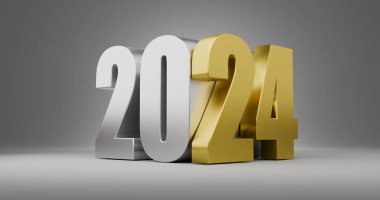 Gri bir zemin üzerinde gümüş ve altından yapılmış 2024 yılının hacimli yeni yılı. 3d hazırlayıcı
