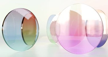 Açık arkaplanda renkli şeffaf cam bloklar, yuvarlak lensler. 3d Hazırlama.