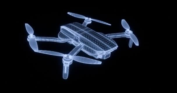 Анімація Обертання Руху Креслення Квадрокоптерного Безпілотника Вигляді Синього Дротяного Каркасу — стокове відео