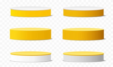 Vektör 3d silindir kaidesel podyum geometrik platform. Ürün sunumu. Pastel renklerin sarı ve beyaz şablon tasarımlı en küçük sahne