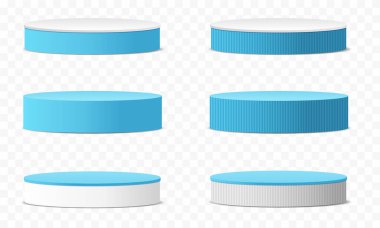Vektör 3d silindir kaidesel podyum geometrik platform. Ürün sunumu. Pastel renklerin mavi ve beyaz şablon tasarımına sahip en küçük sahne