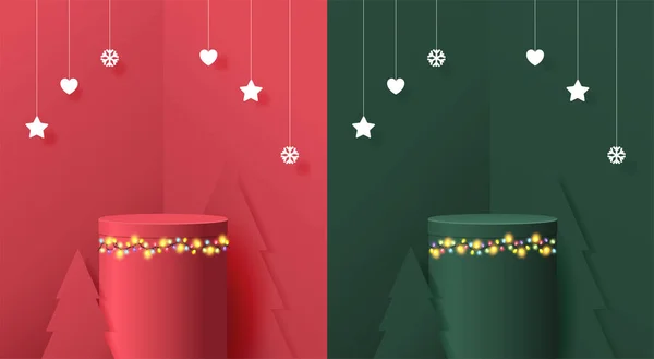 ベクトルメリークリスマスの表彰台は ワイヤストリング上のカラフルなクリスマスのガーランドライト電球で 授賞式の製品プレゼンテーションを表示します — ストックベクタ