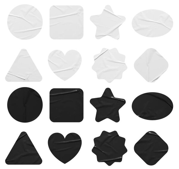 Набор черно-белых наклеек макет. Ярлыки разных форм, изолированные на белом фоне с отсекающей дорожкой
