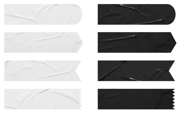 バナーのセット黒と白のステッカーがモックアップします 異なる形状のブランクタグラベル クリッピングパスと白の背景に隔離されました — ストック写真