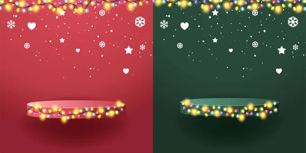 表彰式 クリスマスライトと棚製品プレゼンテーションを表示するベクトルメリークリスマスワイヤーストリング上のカラフルなクリスマスガーランドライト電球 — ストックベクタ