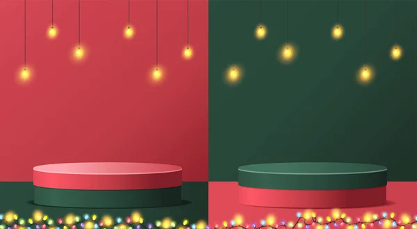 表彰式 クリスマスライトと棚製品プレゼンテーションを表示するベクトルメリークリスマスワイヤーストリング上のカラフルなクリスマスガーランドライト電球 — ストックベクタ