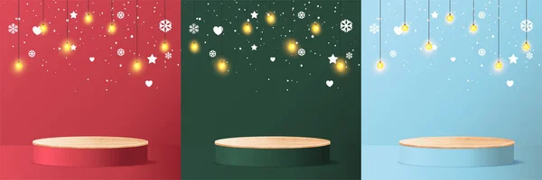 Vector Merry Christmas Met Houten Podium Exposeren Displays Prijsuitreiking Houten — Stockvector