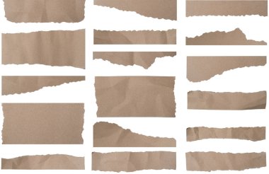 Metin tasarımı için alanı olan Yırtık Kağıt kümesi, Eski kahverengi kağıt dokusu arka planı, boş çalışma alanı için kırpma yolları olan beyaz üzerine izole edilmiş