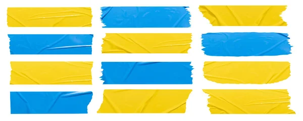 拖动贴纸纸片黄色和蓝色模拟空白横幅标签模板设计 在白色背景上与裁剪路径隔离 — 图库照片