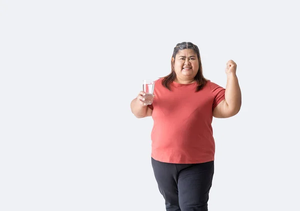 Fat Woman Asian Happy Smiling Holding Glass Water Show Hand — Stock Photo, Image
