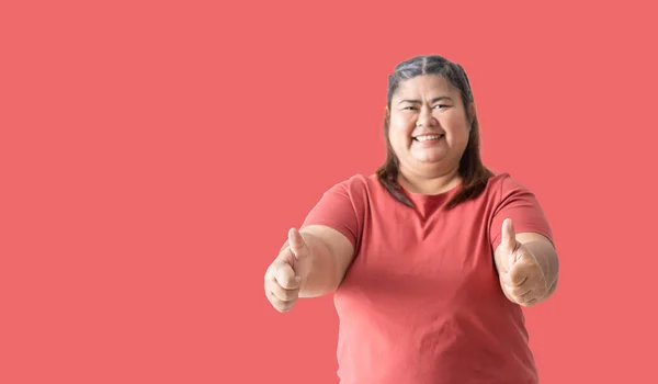 Asian Fat Woman Fat Girl Chubby Showing Hand Thumbs Isolated — Foto Stock