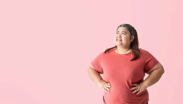 Fat Woman Thinking Looking Isolated Pink Background Clipping Paths Design — Foto Stock