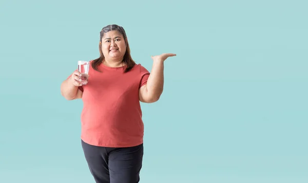 Fat Woman Asian Happy Smiling Holding Glass Water Hand Blank — Stock Photo, Image