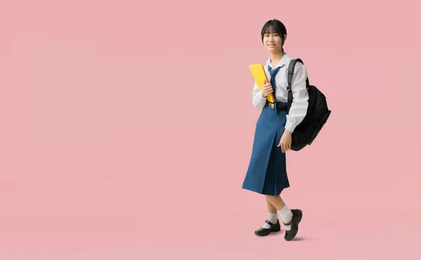 Full Body Asian Student Girl Wearing Uniform Hold Backpack Books — Stock Photo, Image