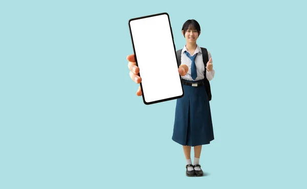 Full Body Asian Student Girl Wearing Uniform Hand Holding Big — Foto Stock