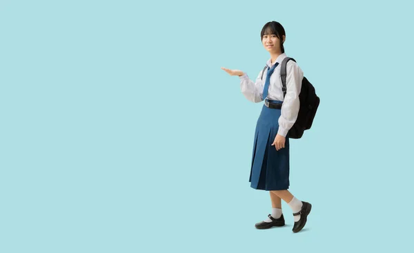 Full Body Asian Student Girl Wearing Uniform Hold Backpack Hand — Stock Photo, Image