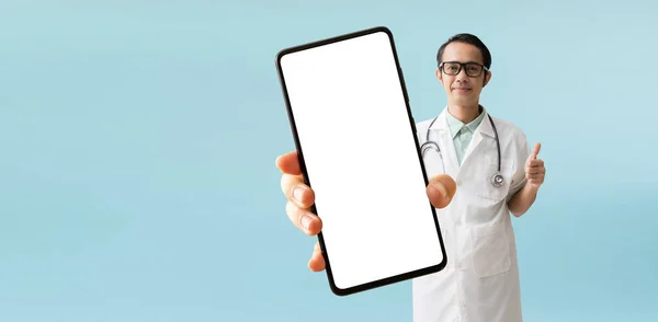 Asian Man Doctor Coat Hand Holding Big Smart Phone Isolated — Stock Photo, Image