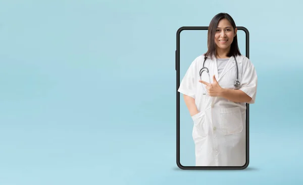 Medical Services Smiling Asian Female Doctor Pointing Finger Coming Out — Foto Stock