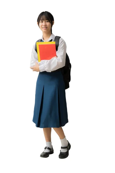Feliz Sorrindo Asiático Estudante Menina Vestindo Uniforme Segurando Livros Mochila — Fotografia de Stock
