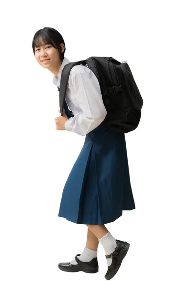 Glad Leende Asiatisk Student Flicka Bär Uniform Grepp Ryggsäck Helkropp — Stockfoto