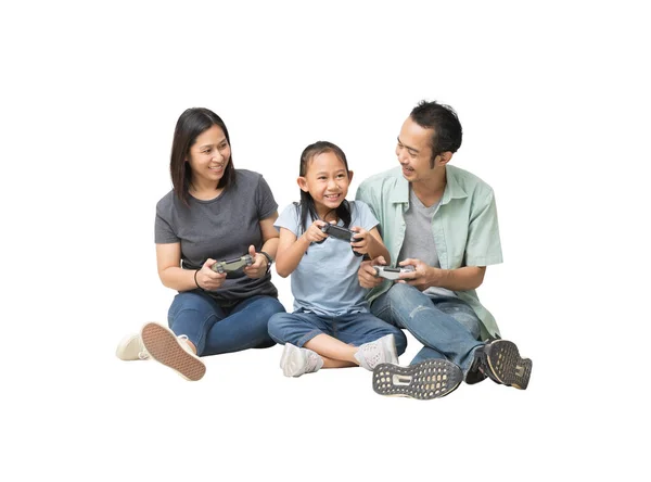 Felice Famiglia Asiatica Padre Madre Figlia Giocare Joystick Sul Posto — Foto Stock