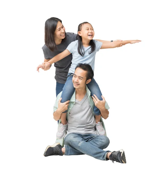 快乐的笑着的年轻的亚洲家庭 脖子放在地板上玩 在一起玩得很开心 全身而退 为设计工作开辟道路 — 图库照片