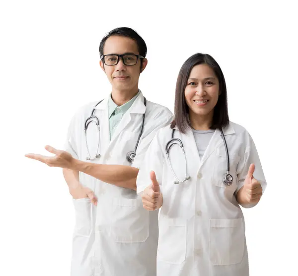Służby Medyczne Azji Lekarz Kobieta Mężczyzna Dłoń Otwarta Dłoń Górę — Zdjęcie stockowe