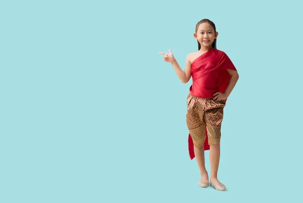 Chica Asiática Cuerpo Completo Trajes Nacionales Tailandeses Con Dedo Blanco — Foto de Stock