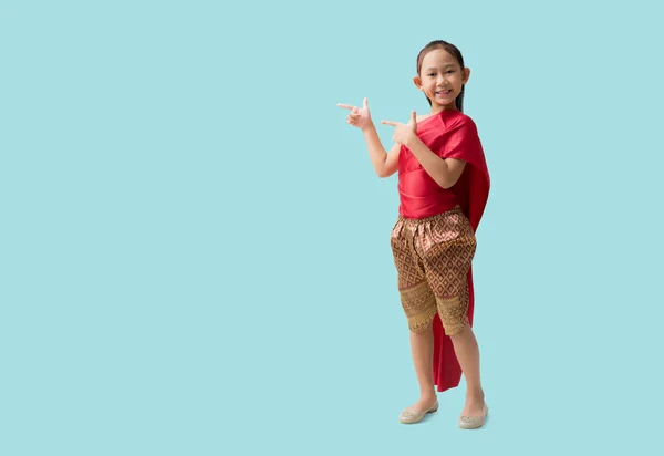 Full Body Asian Little Girl Thai National Costumes Pointing Finger — Stock Photo, Image