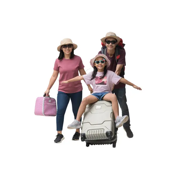 Family Travel Concept, Full body Happy asian family vacation, Father, mother and little daughter sit on suitcases ready for vacation trip, isolated on pastel plain light blue background