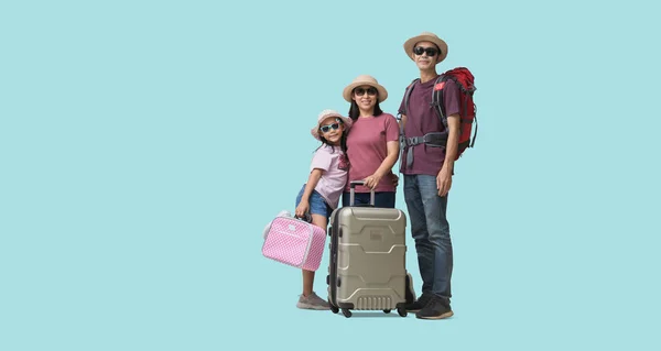 Family Travel Concept, Full body Happy asian family vacation, Father, mother and little daughter carrying suitcases ready for vacation trip, isolated on white background with clipping path