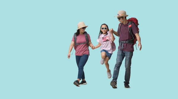 Family Travel Concept, Full body Happy asian family vacation, Father, mother and little daughter ready for vacation trip, isolated on pastel plain light blue background