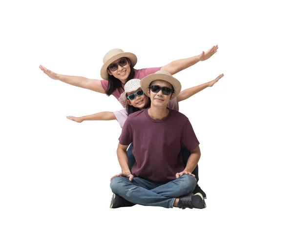 Family Travel Concept, Full body Happy asian family vacation, Father, mother and little daughter sit spread out your arms ready for vacation trip, isolated on white background, Clipping Paths
