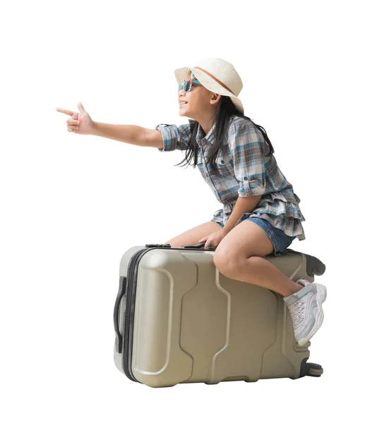 Happy Smiling Asian Little Girl Sits Suitcase Adventure Vacation Trip — стоковое фото