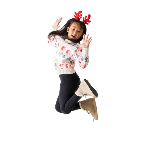 Joyeux Jeune Fille Asiatique Portant Pull Noël Avec Des Cornes — Photo