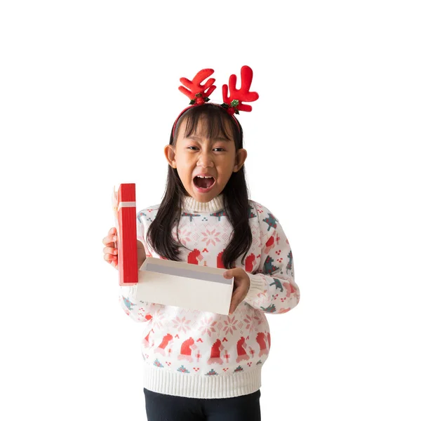 Alegre Niña Asiática Vistiendo Suéter Navidad Con Cuernos Reno Feliz — Foto de Stock