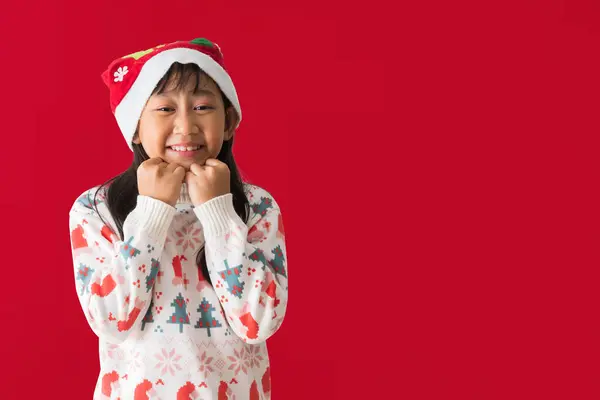 Positivo Asiático Niño Chica Santa Claus Sombrero Con Usar Navidad — Foto de Stock