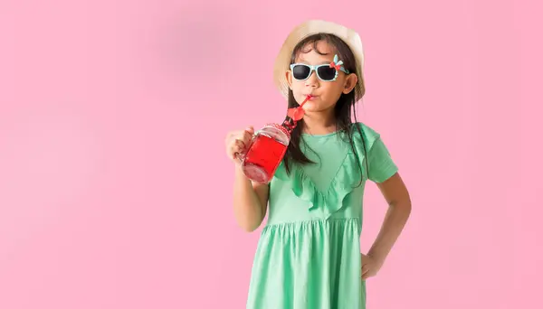 Happy Asian Little Girl Posing Wear Hat Sunglasses Holding Glass Stock Picture