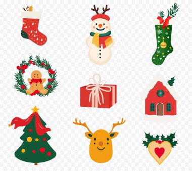 Vektör Noel simgeleri dizaynı, hediye kutusu, çorap, çelenk, kurabiye, Noel ağacı, şeker, kurabiye, şovmen, ev, geyik