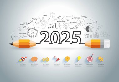 2025 Yeni Yıl Hedef İzleyici Konsepti, Yaratıcı Düşünce çizimler ve grafikler İş Başarı Stratejisi Planı Hedef ok, Vektör illüstrasyonu Modern Şablon
