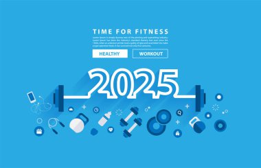 2025 yeni yıl fitness konsepti. Teçhizatlı tipografi alfabesi tasarımı. Vektör illüstrasyonu