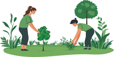 Ağaç Bayramı yaratıcı afiş tasarımı. Çevre için doğaya küçük bir ağaç diken iki kişinin resmi